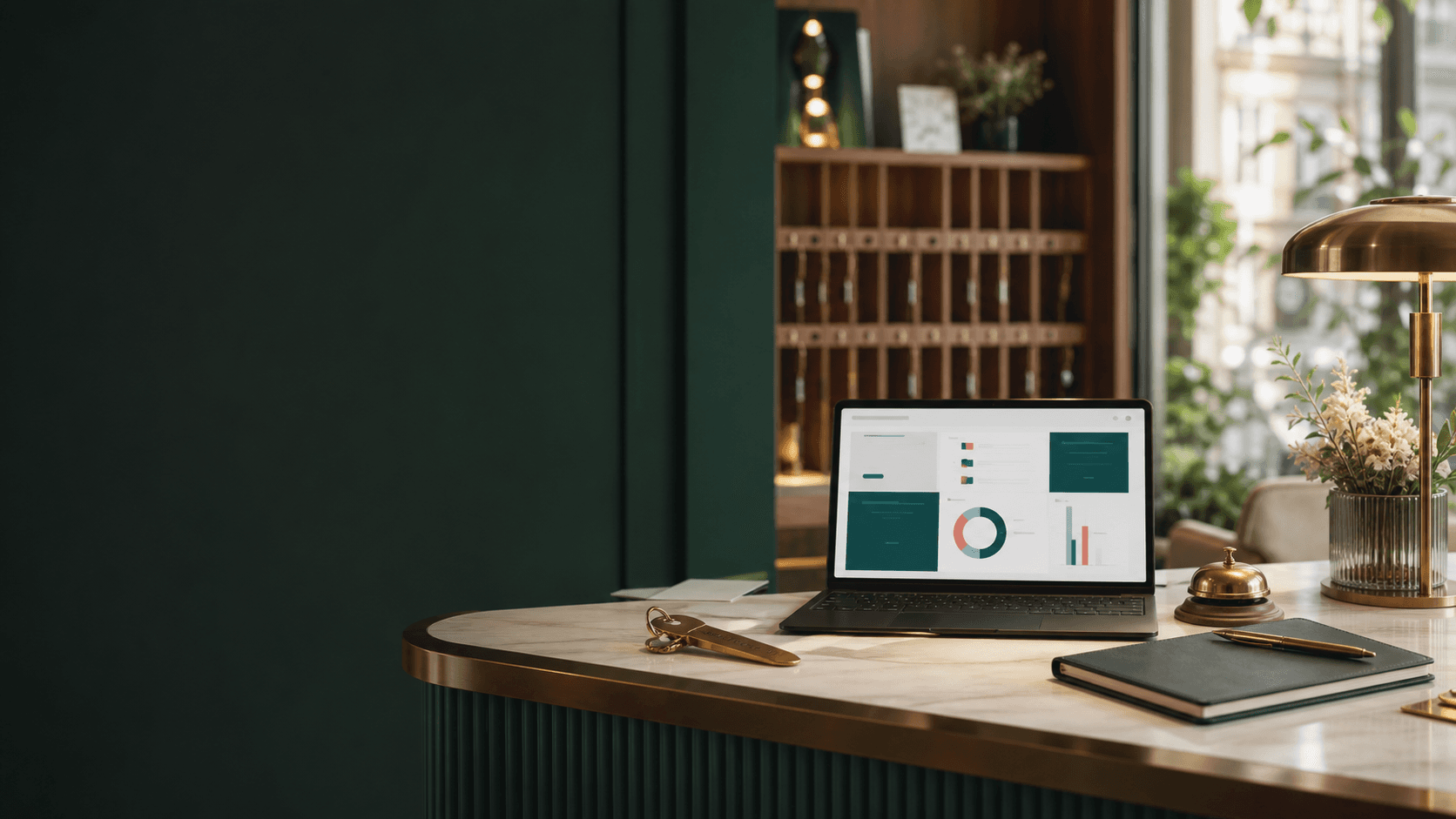 Modern boutique hotel reception desk with a PMS dashboard on a laptop